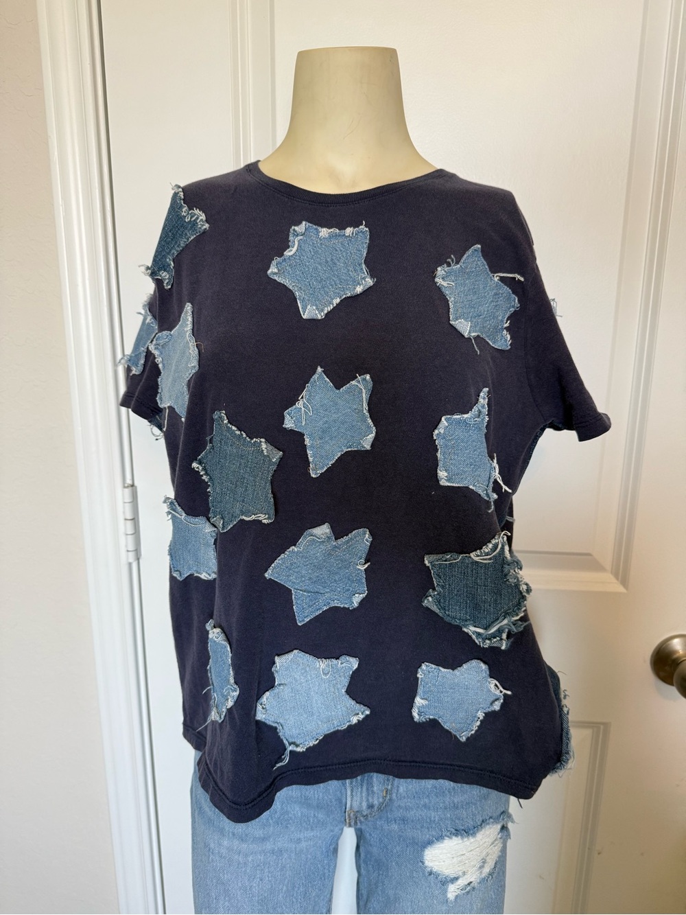 Hanes Perfect T Gibbons Creations Upcycled Denim Star Patch T-Shirt w/ Paneling